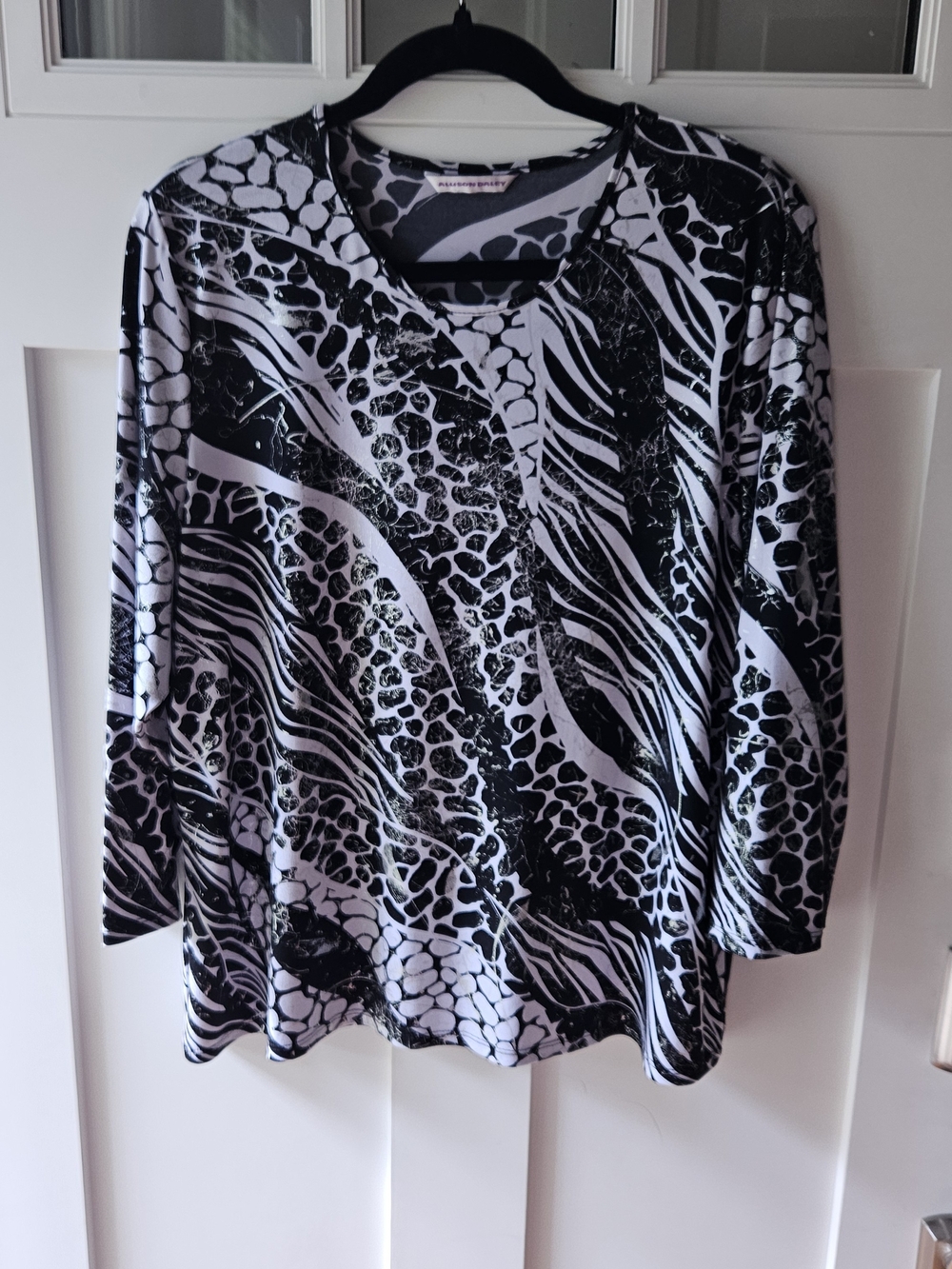 Allison Daley Black and White, With Silver Accent Animal Print Long Sleeve Top